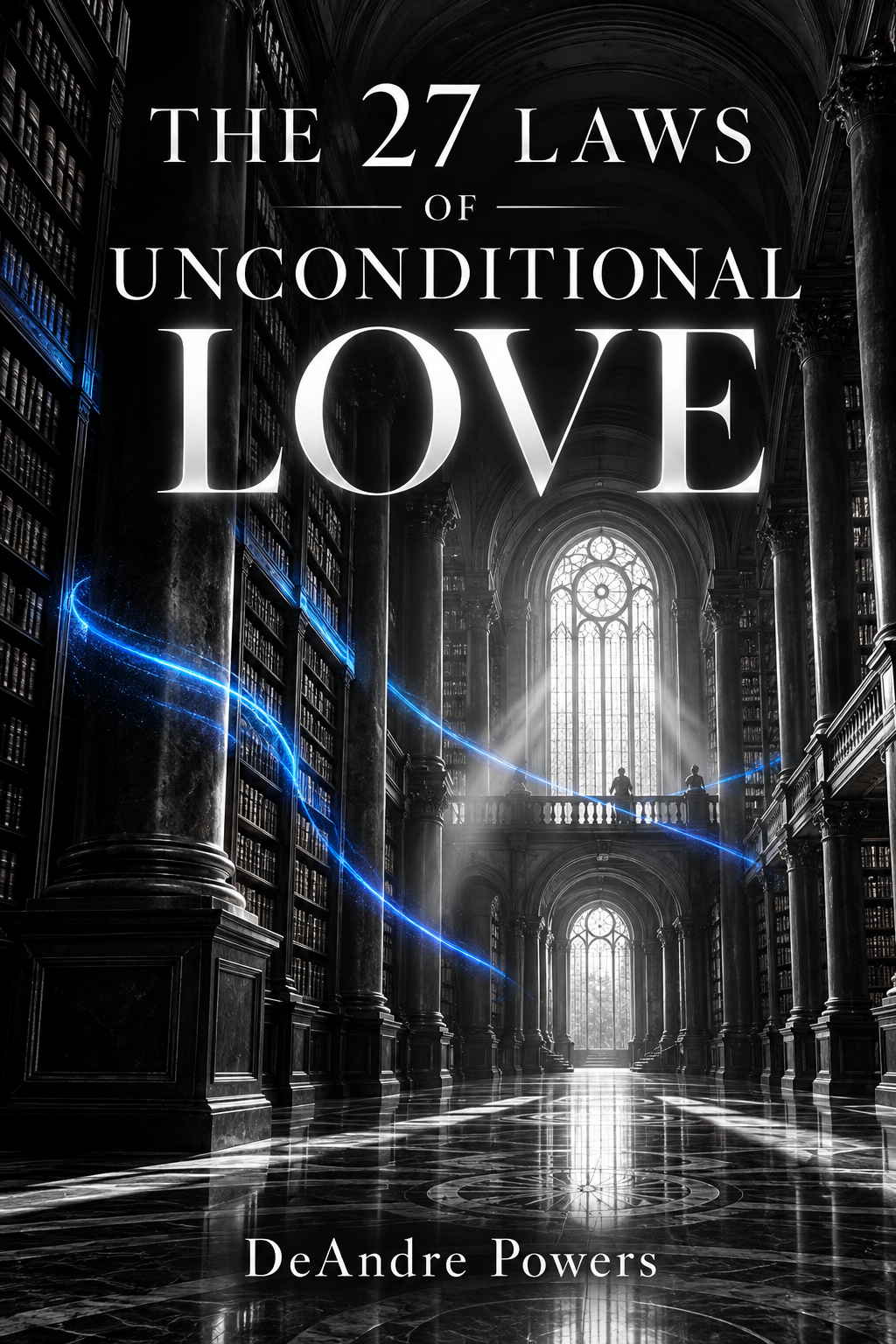 The 27 Laws of Unconditional Love by DeAndre Powers — black-and-white library with electric blue light