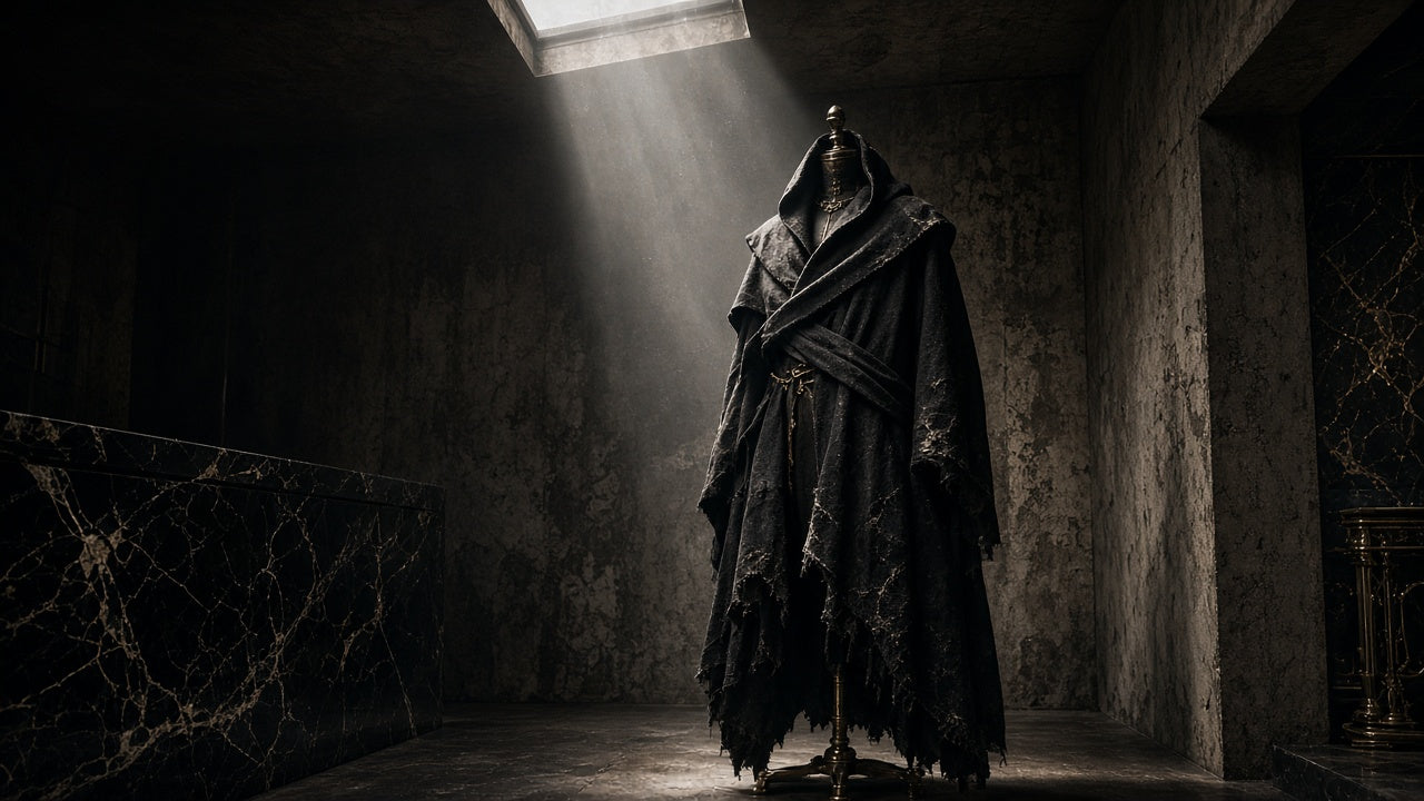 Couture atelier with a hooded coat on a mannequin